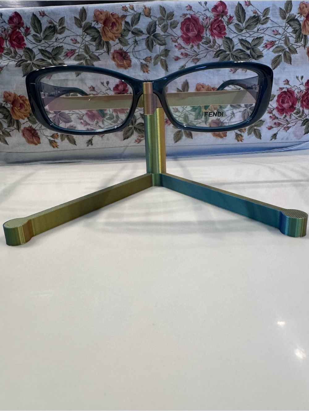 Fendi Rectangular Eyeglass Frame in Teal and Silver.